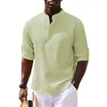 Stylish men's casual long-sleeve henley shirt with waffle texture and stand collar in green - Green