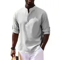 Close-up detail of men's casual long-sleeve stand collar shirt in grey striped fabric - Light Gray