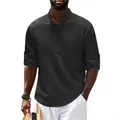 Men's black textured long sleeve shirt with stand collar and henley button placket - Black