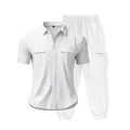 Men's summer white linen set with short sleeve cargo shirt and matching loose long pants. - S / Top And Bottom / White