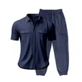 Men's navy blue linen casual set with short-sleeve shirt and cargo jogger pants - S / Top And Bottom / Navy Blue