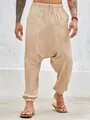 Detailansicht der beigen Haremshose aus Baumwoll-Leinen mit Kordelzug. - Khaki