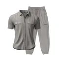 Men's grey linen casual set with short sleeve cargo shirt and long jogger pants - S / Top And Bottom / Gray