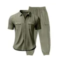 Conjunto casual de lino para hombre de dos piezas en verde oliva con bolsillos cargo y textura. - Verde Militar