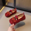 Elegant red suede girls' Mary Jane princess shoes featuring stylish tassel and bead accents - 23*14.5 / Red