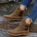 Women's brown suede flat ankle boots with decorative buttons and white contrast stitching - Dark Brown
