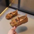 Brown suede girls Mary Jane shoes with stylish fringe and decorative amber beads - 23*14.5 / Khaki