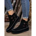 Black faux suede ankle boots with white stitching and button detail for women - Black
