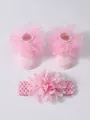 Lindo conjunto de calcetines para bebé princesa rosa y diadema de flores con encaje - Talla S (0-1 Año) / Rosa Y Diadema
