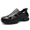 Chaussures de rivière respirantes noires pour hommes en cuir avec design creux et bout fermé - Noir