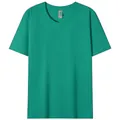 Detailed view of a basic green cotton T-shirt with a comfortable round neck. - Grass Green