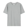 Dettaglio di una maglietta in cotone grigio con girocollo e trama del tessuto morbida - Taglia S / Top / Grigio chiaro