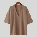 Loose fit ribbed V-neck knit T-shirt with half sleeves in neutral brown - S / Top (L2388) / Coffee