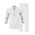 Detailed view of white breathable linen long-sleeve Henley shirt and matching pants. - S / Top And Bottom / White