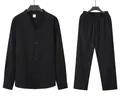 Herren Casual Baumwolle Leinen Set in Schwarz mit Langarmshirt und Kordelzughose - Schwarz