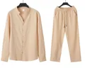 Elegantes Herren Freizeit-Set aus Baumwolle und Leinen, Langarmhemd und Hose in Beige - Khaki