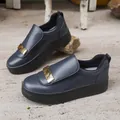 Elegant dark grey platform slip-on shoes with chunky black sole and gold metal buckle. - 36 / Blue