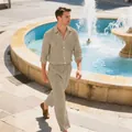 Men's casual linen two-piece set featuring long sleeve shirt and matching pants. - Khaki