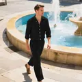 Men's black linen casual two-piece beach set with long-sleeve shirt and trousers - Black