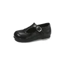 Minimalist black faux leather T-strap Mary Jane shoes for girls with silver buckle detail - 23 / Black
