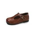 Classic brown leather Mary Jane shoes for girls with soft soles and adjustable buckle strap. - 23 / Brown