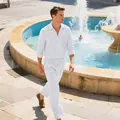 Men's white breathable linen long-sleeve shirt and drawstring pants set for beach vacation. - White