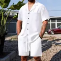 Men's summer casual waffle texture short sleeve button shirt and shorts set in white - S / Top And Bottom / White
