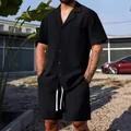Men's casual summer two-piece outfit with short sleeve button shirt and shorts in black color - S / Top And Bottom / Black