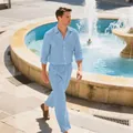 Full view of light blue linen leisure set for men with long sleeve shirt and pants - Sky Blue