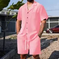 Casual men's summer set with button-down short sleeve shirt and shorts in pink color - S / Top And Bottom / Pink