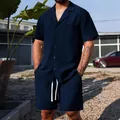 Men's navy blue short sleeve button-up shirt and drawstring shorts casual summer set - S / Top And Bottom / Navy Blue