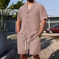 Casual men's plain short sleeve button shirt and shorts two-piece set in dusty rose - Cinnamon