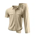 Vista detallada del conjunto de lino beige para hombre con camisa y pantalón largo - Caqui