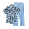 Set estivo da uomo 2025 con camicia stampa palme e pantaloni in lino azzurro - Taglia S / Top E Pantaloni / Azzurro