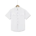 Men's white short-sleeved casual shirt featuring double chest pockets and lapel collar - S / Tops / White
