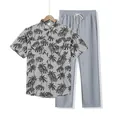 Set da uomo grigio con camicia a stampa palma e pantaloni lunghi con coulisse estiva - Taglia S / Top E Pantaloni / Grigio