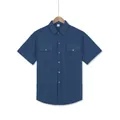 Men's blue short sleeve casual shirt with double chest pockets and turn-down collar - S / Tops / Navy Blue