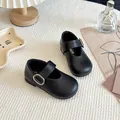 Classic black leather Mary Jane shoes for girls with elegant silver buckle detail - Black