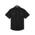 Detailed view of black short-sleeve shirt with double chest pockets and grid texture. - S / Tops / Black