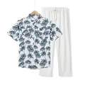 Conjunto de verano para hombre con camisa hawaiana de palmeras y pantalón blanco - Blanco