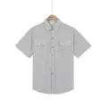 Detailed view of men's short-sleeved summer casual shirt in light grey with double pockets - S / Tops / Gray