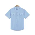Light blue men's short sleeve leisure shirt with double chest pockets and lapel collar - Light Blue