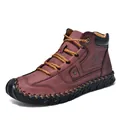 Detailed side profile of men's burgundy leather ankle boots featuring handmade stitching detail - 38 / Handcrafted Boots (8806) / Burgundy