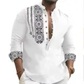 Detailed view of white men's ethnic print shirt with half-placket stand collar. - S / Tops / White