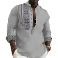 Close-up of men's grey ethnic print shirt with mandarin collar and half-placket detail - S / Tops / Gray