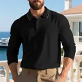 Close-up detail of men's black long sleeve polo shirt with contrast collar tipping - Black