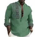 Men's ethnic print long sleeve shirt with mandarin collar and half-button placket - S / Tops / Green