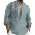 Detail of men's ethnic print shirt with stand collar and long sleeves. - Grey Green