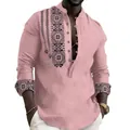 Close-up of ethnic geometric pattern on pink men's long sleeve stand collar shirt - Pink