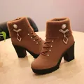 Brown fashion ankle boots with rhinestone knit collar and square high heels - 35 / Yellow